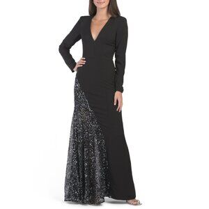 DRESS THE POPULATION BLACK MULTI Winnie Long Sleeve Gown With Mesh Insert